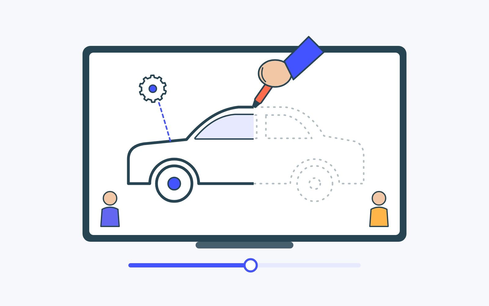 Auf einem Bildschirm entsteht ein gezeichnetes Auto Strich für Strich, ein Stift zeichnet die noch gestrichelte hintere Hälfte.